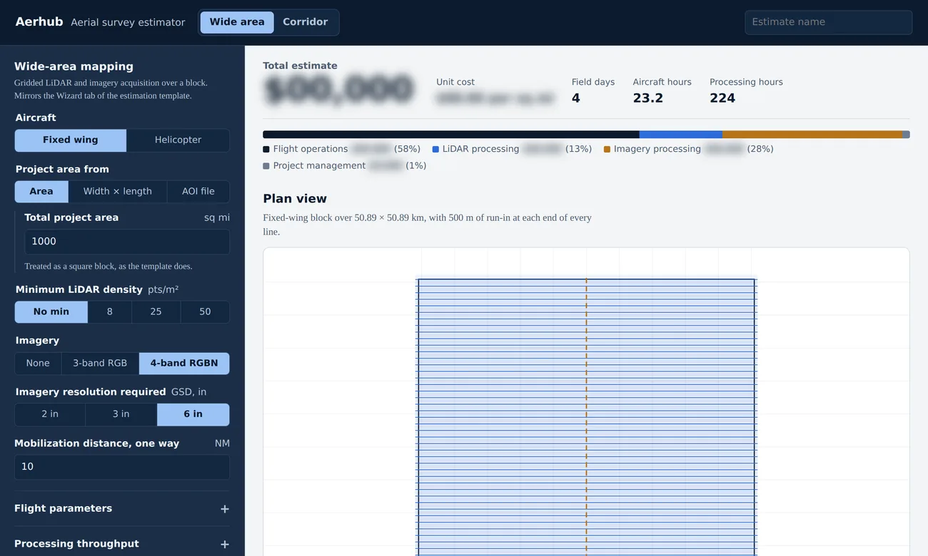 Aerhub Estimator with wide-area inputs, cost split by category, and a flight line plan view over a survey block