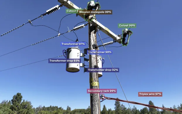 Distribution pole with automatically detected equipment labeled, including transformers, cutouts, and secondary rack, with confidence scores