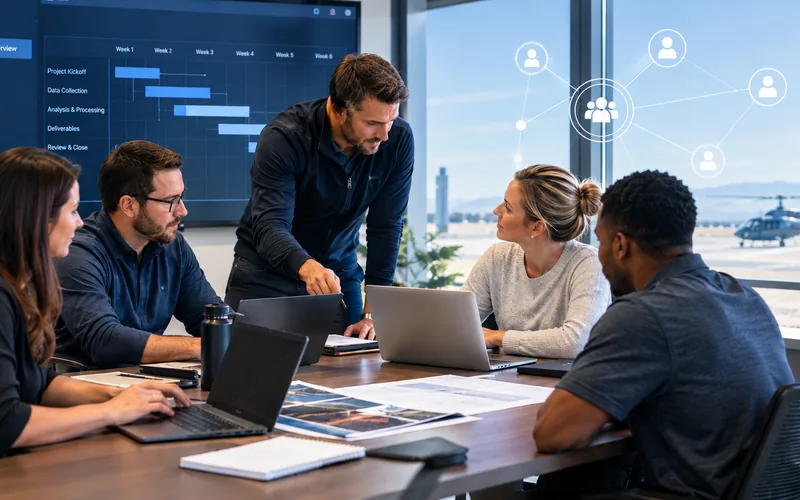 Project team planning an aerial data project around a conference table, with a schedule on screen and a helicopter on the airfield outside